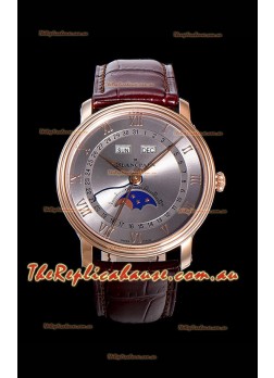 Blancpain "Villeret Quantième Complet" 904L Steel Rose Gold Watch in Grey Dial