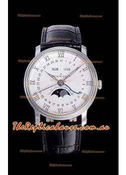 Blancpain "Villeret Quantième Complet" 904L Steel Swiss Watch in Off-White Dial