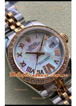 Rolex Datejust 28MM Swiss Replica in 904L Rose Gold Two Tone Case in Pearl Dial - 1:1 Mirror Replica