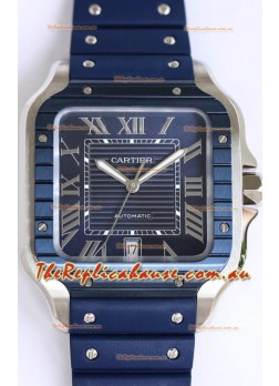 Santos De Cartier 1:1 Blue DLC Bezel Swiss Replica Watch 40MM - Rubber Strap