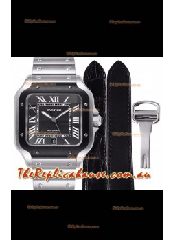 Cartier "Santos De Cartier" Mens XL 1:1 Mirror Replica Watch in Stainless Steel Casing - Black Bezel