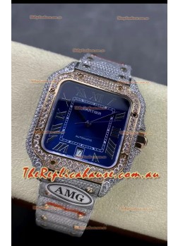 Cartier "Santos De Cartier" Two Tone Blue Dial 1:1 Mirror Replica - 40MM - Genuine Diamonds