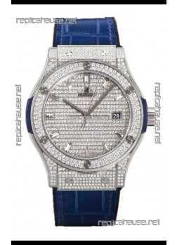 Hublot Classic Fusion Automatic Steel Diamonds Paved Dial Blue Strap 42MM Superclone Replica Watch 