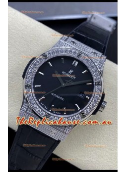 Hublot Classic Fusion Stainless Steel Diamonds Black Dial Swiss Replica Watch 1:1 Mirror Quality