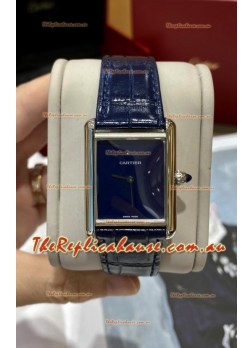 Must De Cartier Tank Edition Watch in 904L Stainless Steel Casing Dark Blue Dial