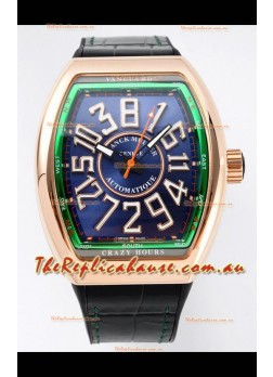 Franck Muller Vanguard Crazy Hours in Rose Gold Plating - Steel Blue Dial Swiss Replica Watch 
