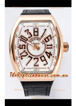 Franck Muller Vanguard Crazy Hours in Rose Gold Plating - White Dial Swiss Replica Watch 