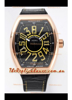 Franck Muller Vanguard Crazy Hours in Rose Gold Plating - Black Dial Swiss Replica Watch 