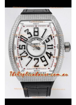 Franck Muller Vanguard Crazy Hours in Stainless Steel Diamonds - White Dial Swiss Replica Watch 