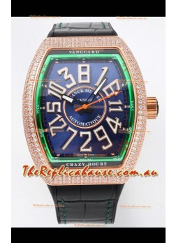 Franck Muller Vanguard Crazy Hours Rose Gold Diamonds - Steel Blue Dial Swiss Replica Watch 