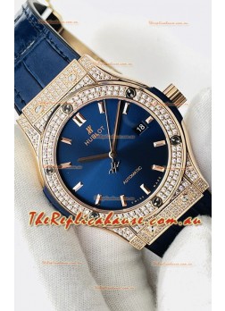 Hublot Classic Fusion Diamonds Rose Gold Steel Blue Dial Swiss Replica Watch 1:1 Mirror Quality 