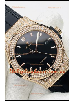 Hublot Classic Fusion Diamonds Rose Gold Black Dial Swiss Replica Watch 1:1 Mirror Quality 