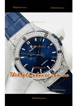 Hublot Classic Fusion Stainless Steel Diamonds Blue Dial Swiss Replica Watch 1:1 Mirror Quality 