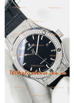 Hublot Classic Fusion Stainless Steel Diamonds Black Dial Swiss Replica Watch 1:1 Mirror Quality 
