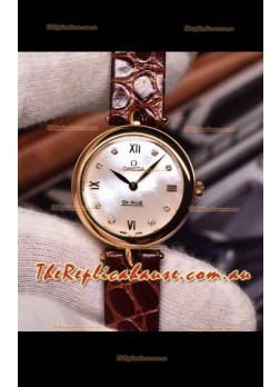 Omega De Ville Prestige Dewdrop Edition Swiss Quartz Watch in Rose Gold Brown Strap
