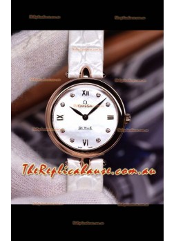Omega De Ville Prestige Dewdrop Edition Swiss Quartz Watch in Rose Gold White Strap
