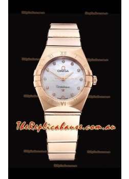 Omega Constellation Ladies Swiss Quartz 1:1 Mirror Replica - Rose Gold Casing White Pearl Dial