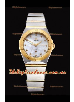 Omega Constellation Ladies Swiss Quartz 1:1 Mirror Replica - Two Tone Casing in White Pearl Dial