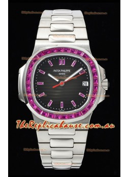 Patek Philippe Nautilus 5711 Black Dial 1:1 Mirror Replica in 904L Steel with Rubies Bezel