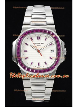 Patek Philippe Nautilus 5711 White Dial 1:1 Mirror Replica in 904L Steel with Rubies Bezel
