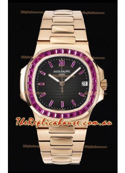 Patek Philippe Nautilus 5711 Black Dial 1:1 Mirror Replica in Rose Gold 904L Steel with Rubies Bezel
