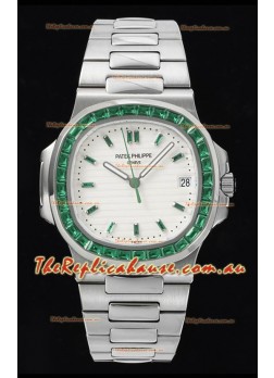 Patek Philippe Nautilus 5711 White Dial 1:1 Mirror Replica in 904L Steel with Rubies Bezel