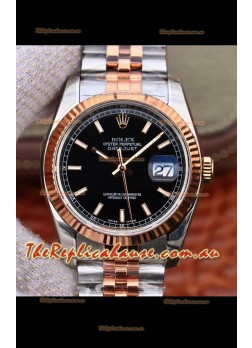 Rolex Datejust 36MM Cal.3135 Movement Swiss Replica Watch in 904L Steel Two Tone Casing Black Dial