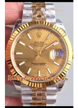 Rolex Datejust 41MM Cal.3135 Movement Swiss Replica Watch in 904L Steel Two Tone Casing Gold Dial