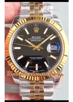Rolex Datejust 41MM Cal.3135 Movement Swiss Replica Watch in 904L Steel Two Tone Black Dial