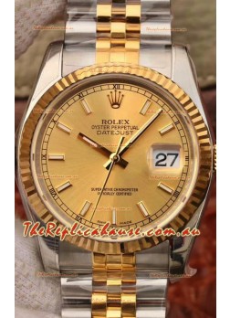 Rolex Datejust 36MM Cal.3135 Movement Swiss Replica Watch in 904L Steel Two Tone Casing Gold Dial