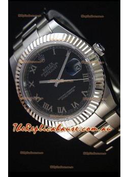 Rolex Datejust Japanese Replica Watch - Black Dial Roman Markers in 41MM with Oyster Strap