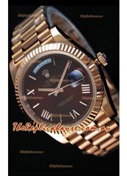 Rolex Day Date Japanese Replica Watch - Rose Gold Casing in Maroon Dial 40MM
