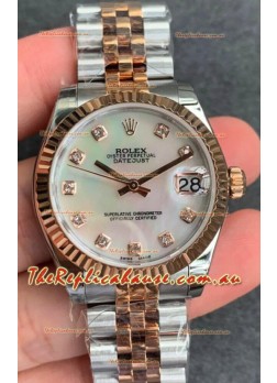 Rolex Datejust 31MM ETA-2671 Movement Swiss Replica in 904L Two Tone Rose Gold in Pearl Dial