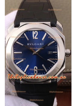 Bvlgari Octo Roma Edition 1:1 Mirror Replica in 904L Steel Casing - Deep Blue Dial Leather Strap
