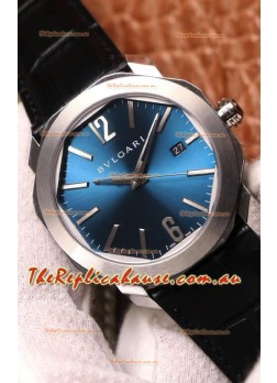 Bvlgari Octo Roma Edition 1:1 Mirror Replica in 904L Steel Casing - Steel Blue Dial Leather Strap