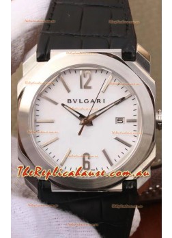 Bvlgari Octo Roma Edition 1:1 Mirror Replica in 904L Steel Casing - White Dial Leather Strap