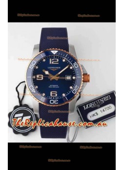 Longines HydroConquest 1:1 Swiss Replica Watch in Blue Dial Rubber Strap Rose Gold Bezel