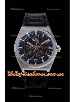 Zenith Defy Classic Skeleton 41 mm Titanium Men's Swiss Replica Watch - Black Leather Strap