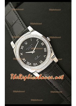 Rolex Cellini Japanese Quartz Replica Black Roman Face Diamonds Bezel Leather Strap