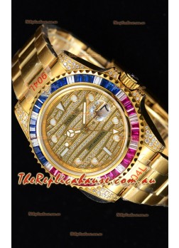 Rolex GMT Masters II Iced out Swiss Timepiece with Yellow Gold 904L Case