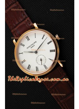 Patek Philippe Calatrava Japanese Mens Watch in Yellow Gold Case Brown Strap