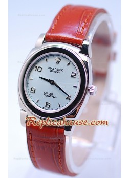 Rolex Cellini Cestello Ladies Swiss Watch Silver Face Brown Strap