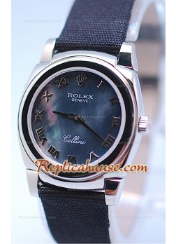 Rolex Cellini Cestello Ladies Swiss Watch Black Pearl Roman Face Nylon Strap 